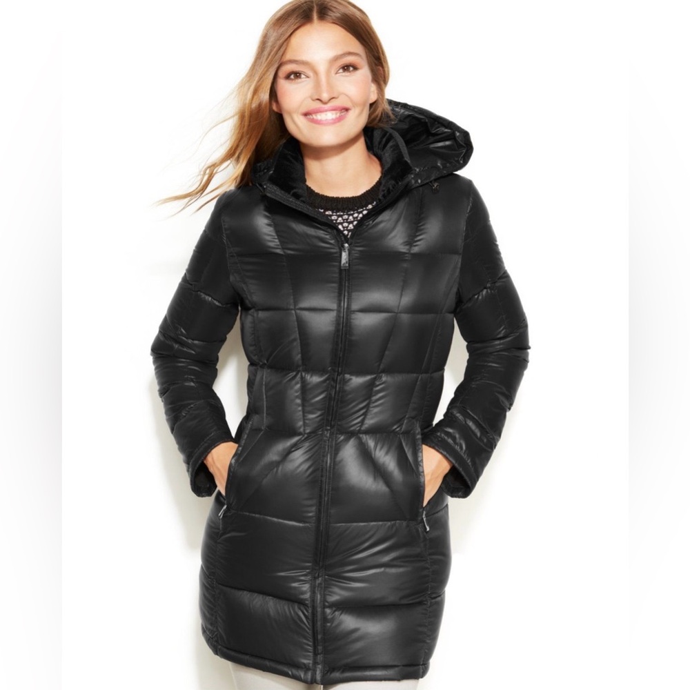 Calvin Klein Black Premium Down Hooded Longline Quilted Puffer Jacket Cozy